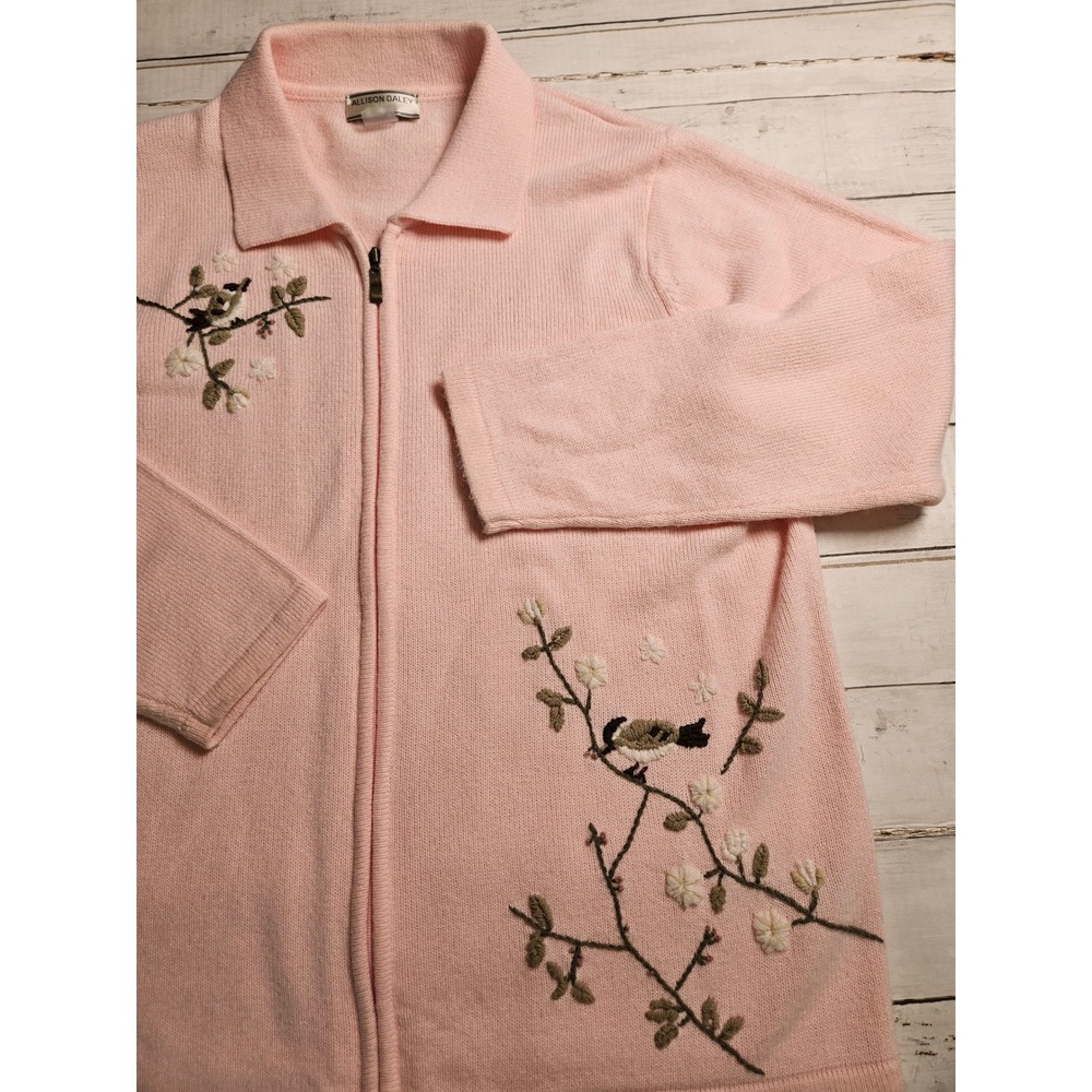 Allison Daley Pink Embroidered Bird Floral Zip Up Cardigan Sweater Womens XL